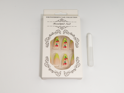 Cute Cherry Press-On Nails | Green French Red Gems Stiletto