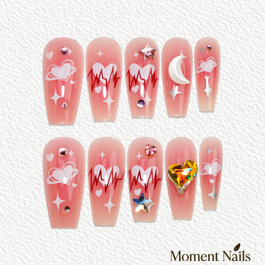Dreamy Star & Moon Press-On Nails | Pink Ombre Heart Gem Coffin
