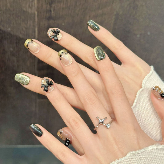 Black Gold Bow Trapezoid Press-On Nails