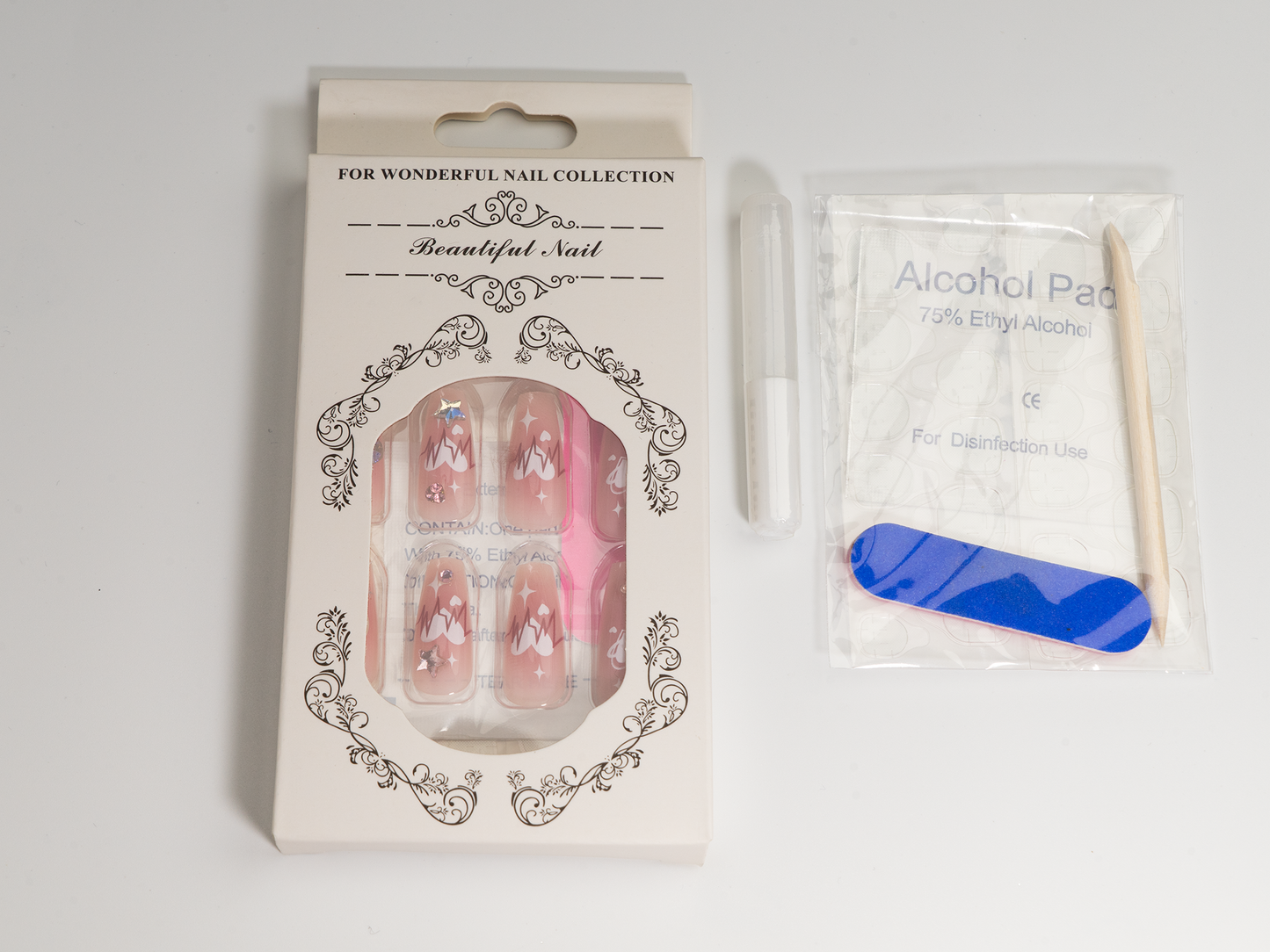 Dreamy Star & Moon Press-On Nails | Pink Ombre Heart Gem Coffin