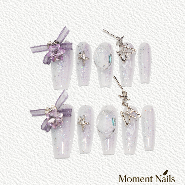 Sheer Glitter Press-On Nails | Handmade Silver Butterfly | Coffin