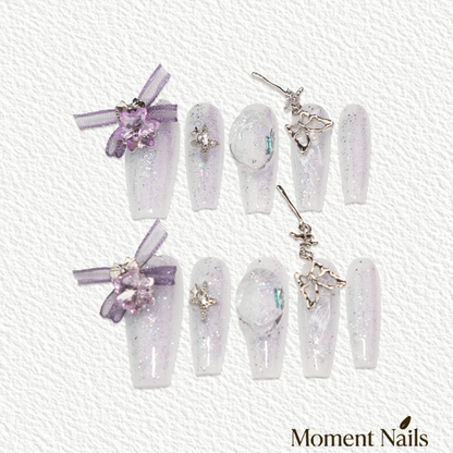 Sheer Glitter Press-On Nails | Handmade Silver Butterfly | Coffin