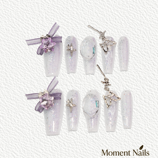 Sheer Glitter Press-On Nails | Handmade Silver Butterfly | Coffin