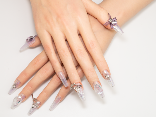 Sheer Glitter Press-On Nails | Handmade Silver Butterfly | Coffin