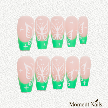Neon Green French Press-On Nails | Fairy Butterfly Line Art Coffin