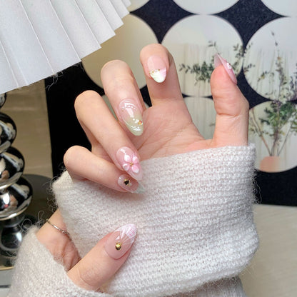 Pink Floral Short Almond Press-On Nails
