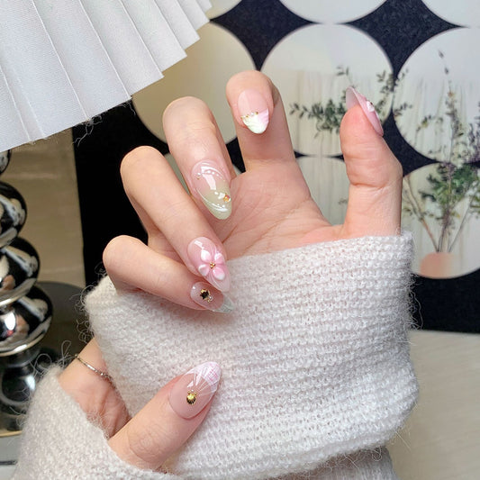 Pink Floral Short Almond Press-On Nails