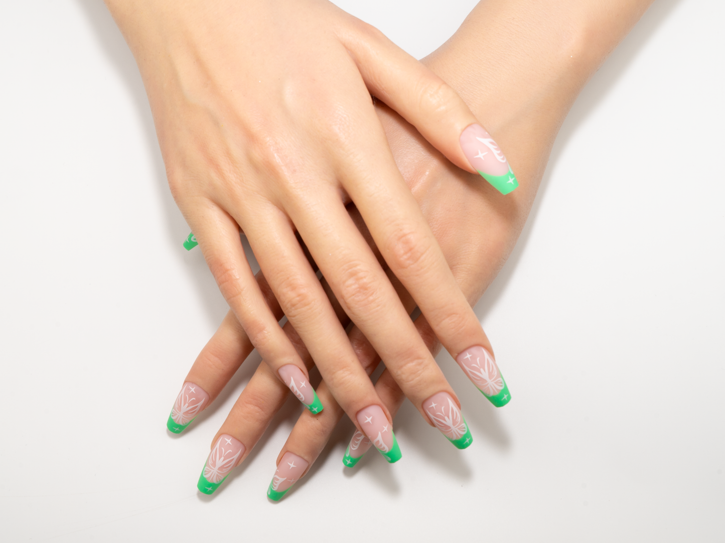 Neon Green French Press-On Nails | Fairy Butterfly Line Art Coffin