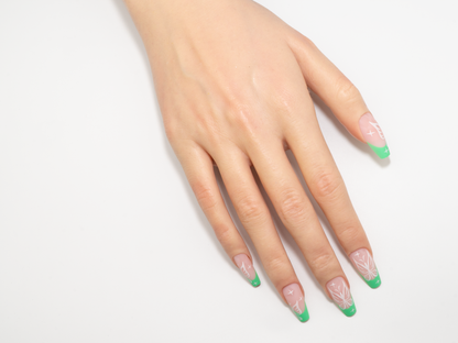 Neon Green French Press-On Nails | Fairy Butterfly Line Art Coffin