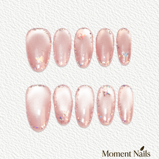 Pink Sheer Star Glitter Medium Oval Press-On Nails