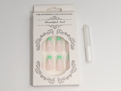 Neon Green French Press-On Nails | Fairy Butterfly Line Art Coffin