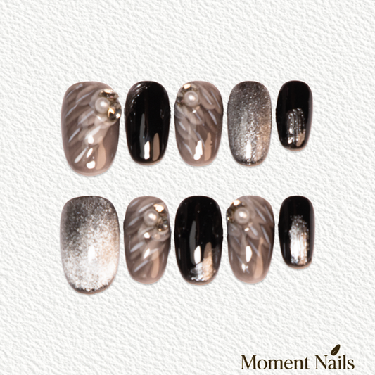 Angel Wings Press-On Nails | Handmade Feather Pearl Glitter Oval