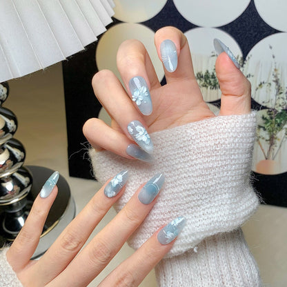 Light Blue Floral Oval Press-On Nails