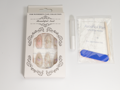 3D Aurora Relief Press-On Nails | Gold Frame & Pearl | Almond