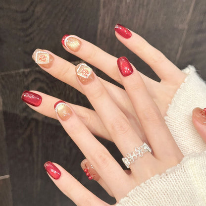 Red Gold New Year Short Square Press-On Nails