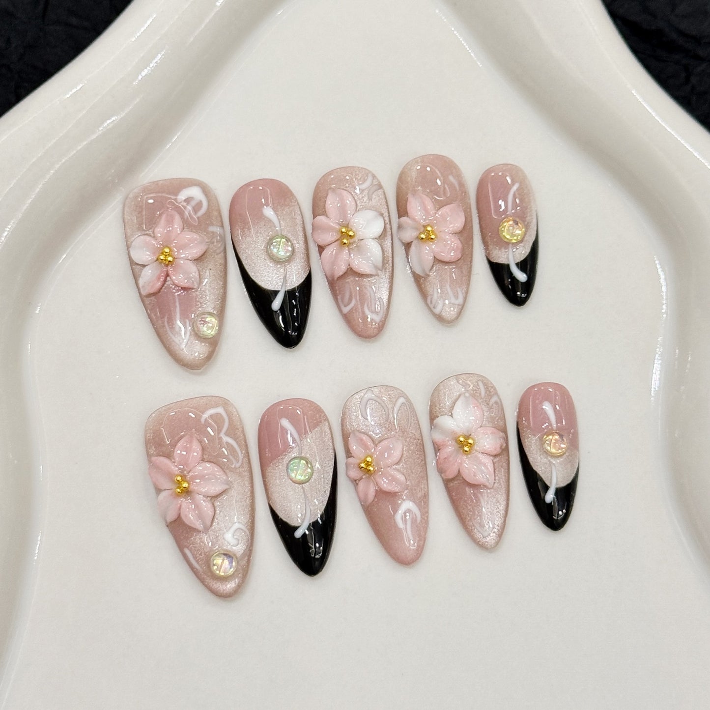 Pink Floral Black Almond Press-On Nails