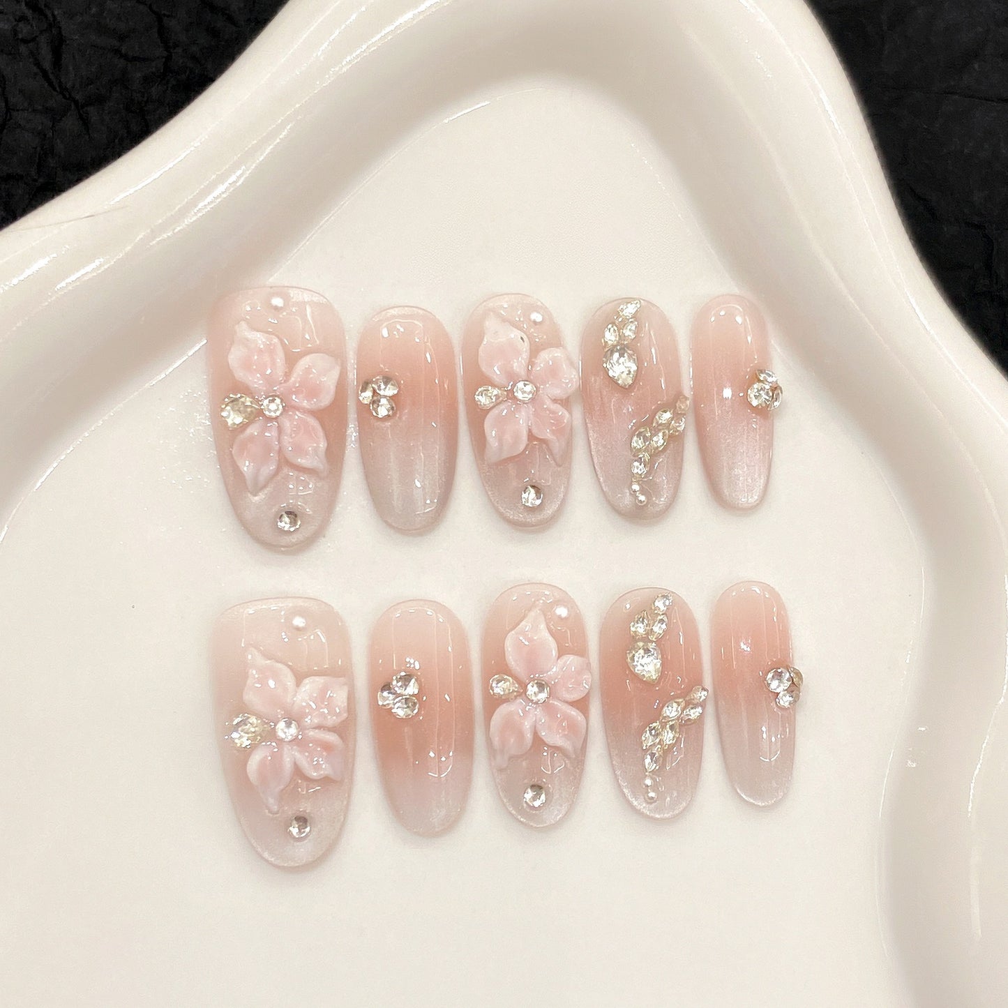 Pink Floral Diamond Medium Oval Press-On Nails