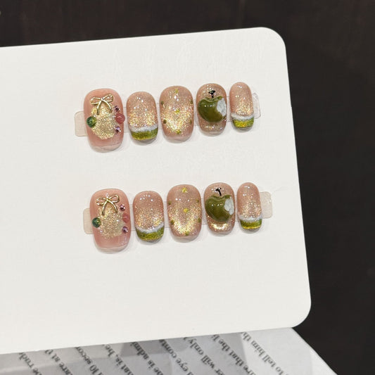 Pink Gold Bow Short Trapezoid Press-On Nails