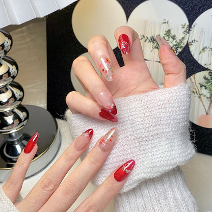 Chinese Style Sakura Red Oval Press-On Nails