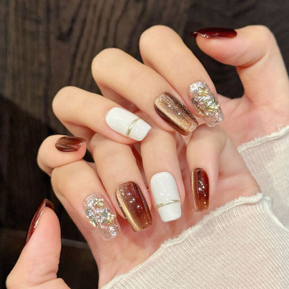 Brown Gold White Short Trapezoid Nails
