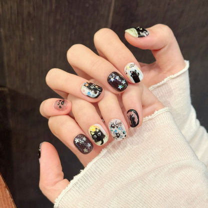 Black Cat Glitter Short Oval Press-On Nails