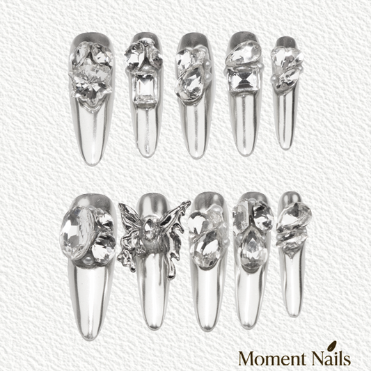 Aurora Silver Press-On Nails | Long Stiletto Handmade  Fake Nails