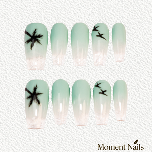 Glacier Birds Press-On Nails | Handmade Ice Crackle Ink Wash Coffin