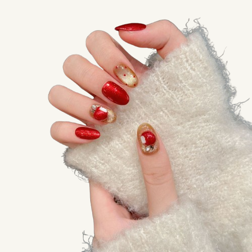 Christmas Apple Press-On Nails | Handmade 3D Apple Bow Short Oval