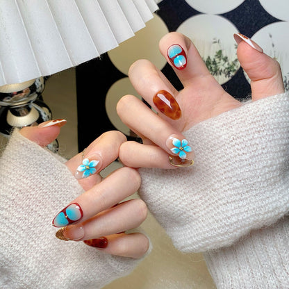Brown-Pink Floral Short Almond Press-On Nails