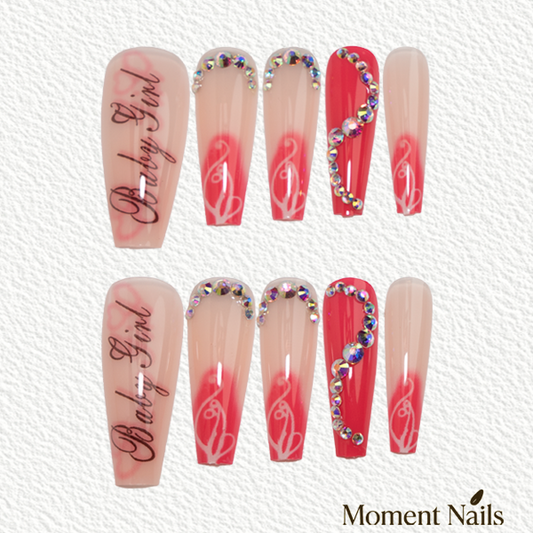 Hot Pink 'Baby Girl' Rhinestone Press-On | Baddie Long Ballerina