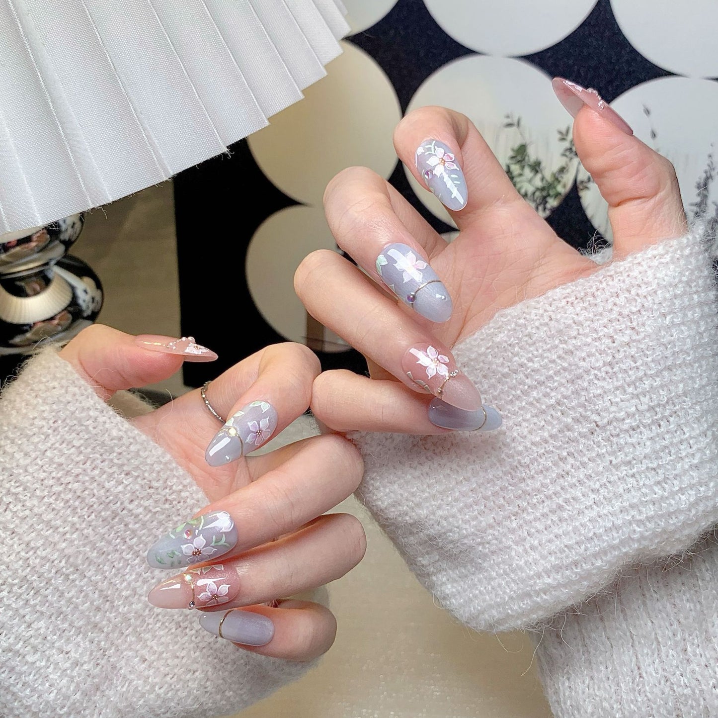 Pink-Grey Floral Short Square-Oval Press-On Nails