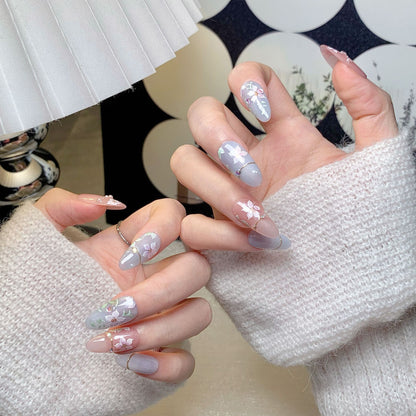 Pink-Grey Floral Short Square-Oval Press-On Nails