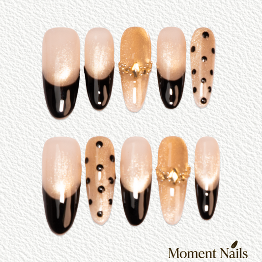 Starlight Polka Dot Press-On Nails | Handmade Black Gold Glitter Oval