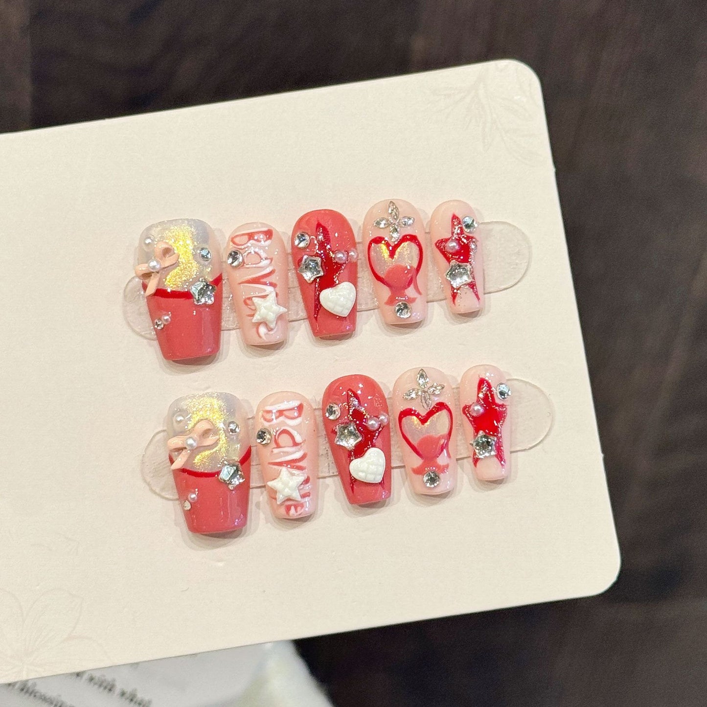 Pink Heart  Short Trapezoid Press-On Nails