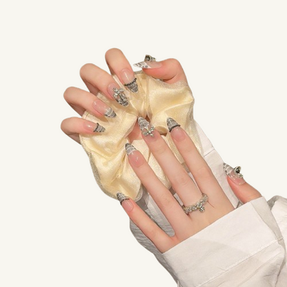 Snakeskin Cross Press On Nails | Grey Beaded Handmade Long Oval