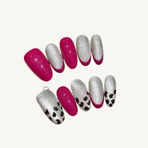 Color Clash Press-On Nails | Handmade Pink Glitter Leopard Oval