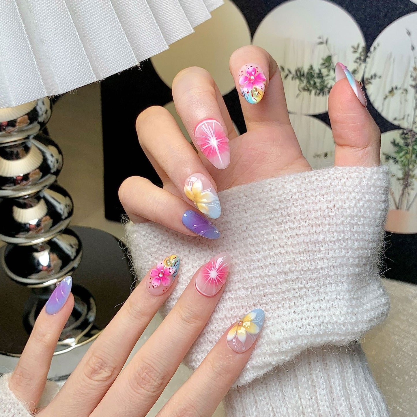 Floral Gradient Almond Press-On Nails