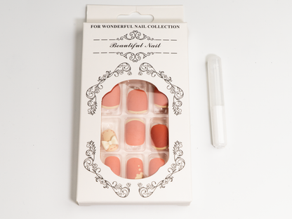 Cream Patchwork Press-On Nails | Pink Stitch Bow Short Oval