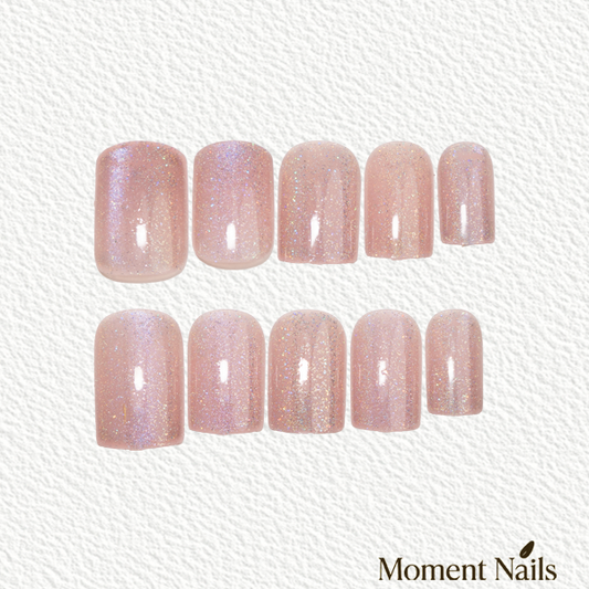 Pink Cat Eye Press-On Nails | Silver Crescent Glow Short Square