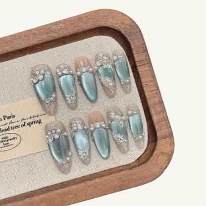Hand-Painted Embossed Flower Nails | Long Oval Fake Nail
