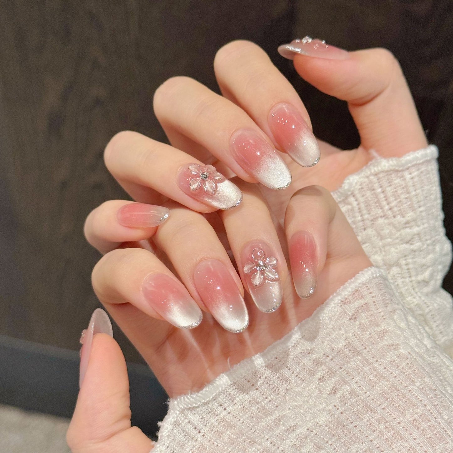 Pink-White Cherry Blossom Gradient Press-On Nails