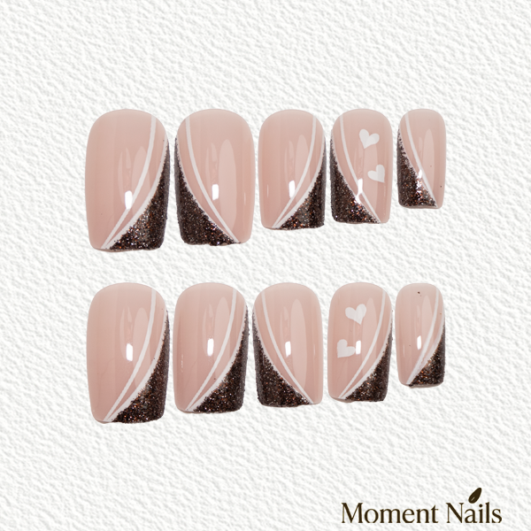 Gunmetal Glitter Swirl Press-On Nails | Nude & White Heart Square