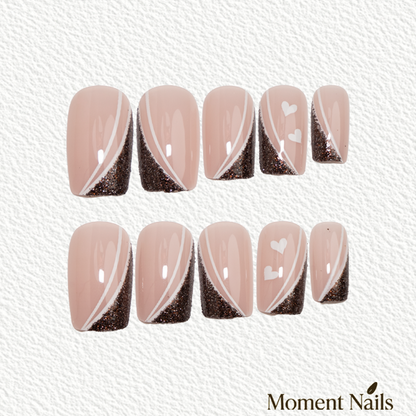 Gunmetal Glitter Swirl Press-On Nails | Nude & White Heart Square