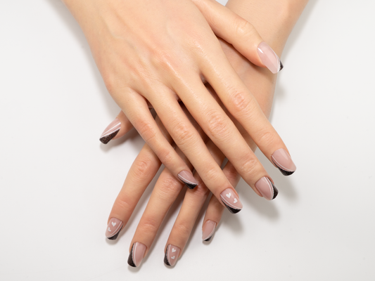 Gunmetal Glitter Swirl Press-On Nails | Nude & White Heart Square