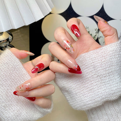 Chinese Style Sakura Red Oval Press-On Nails