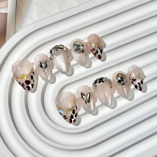 Pink Sheer Leopard Diamond Stiletto Press-On Nails