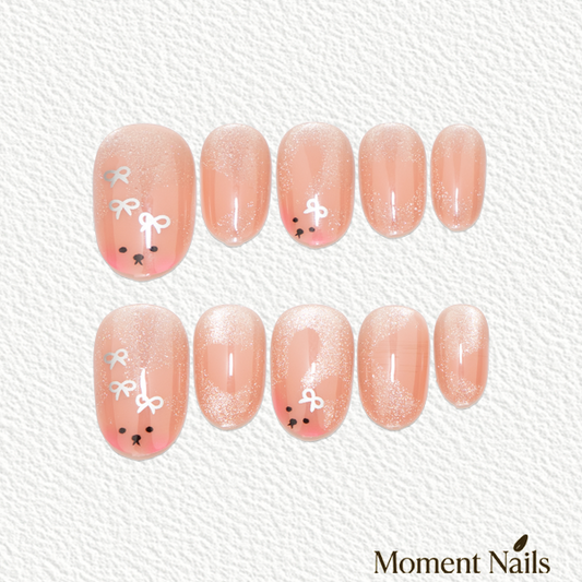 Pink Jelly Cat Eye Press-On Nails | Bow Accent | Oval