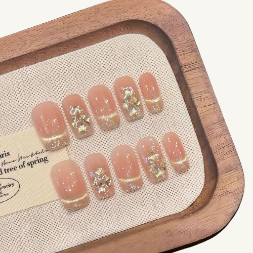 Stardust Dream Press-On Nails | Handmade Pink Gold Foil Cat Eye Square