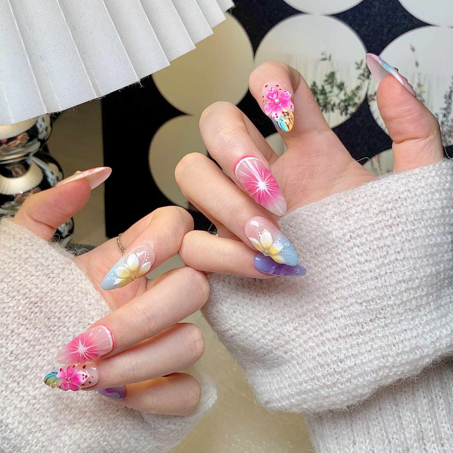 Floral Gradient Almond Press-On Nails