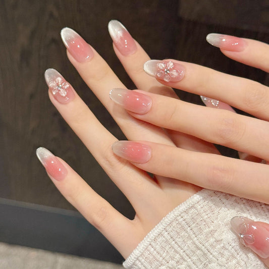 Pink-White Cherry Blossom Gradient Press-On Nails